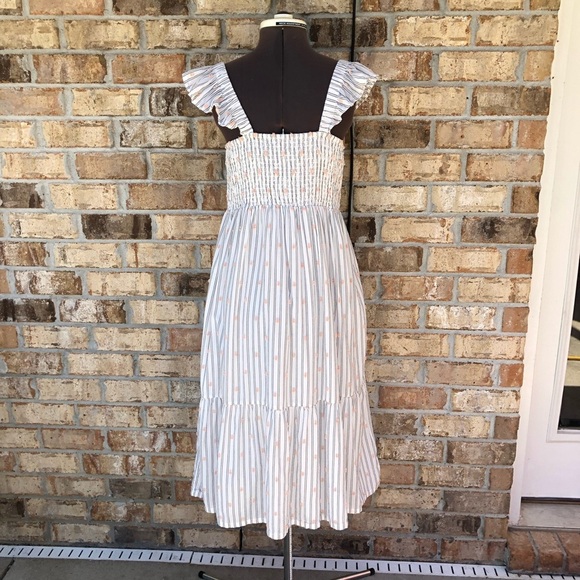Loft Cotton Blend Clip Stripe Smocked Ruffle Pockets Lined Breeze Midi Dress S - Picture 7 of 16
